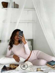 2 piezas Conjunto de pijama con top de cuello redondo de manga larga + pantalones de cintura elástica, ropa de estar en casa linda - Rosa - Ver 3