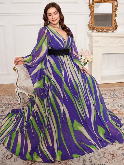 SUPGIR 【随机花卉印花】加大码女式V领数码水彩花卉印花蝙蝠袖黑色蕾丝腰带雪纺长裙