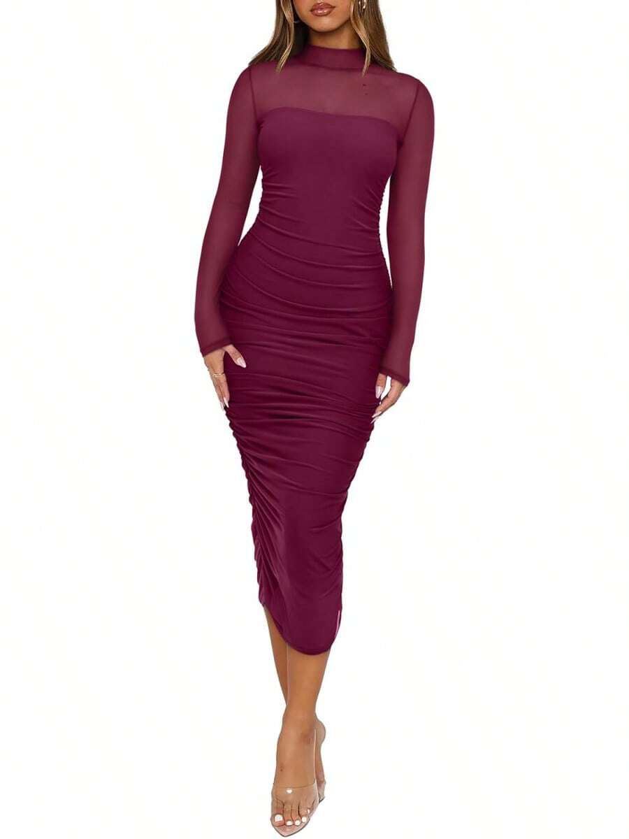 2026 Women's Summer Mesh Sheer Short Sleeve Mock Neck Ruched Bodycon Midi Elegant Evening Party Cocktail Dress