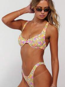 2 Stücke Damen Bikini Set mit Blume Muster, Dreieckiger Top + Hochtaillierte Hose, frisch süßer passender Strandurlaubs-Outfit - Verschiedenfarbig - Übersicht 6