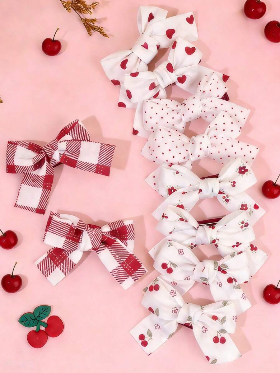 10PCS Cherry Bow Hair Clips For Kids,Sweet And Cute Hair Clip With Heart Flower Print,Kids Hair Accessories - Multicolor - View 1