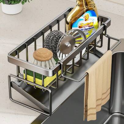 Multifunctional Sink Organizer Rack, No-Installation Kitchen Countertop Drain Rack For Sponge, Dish Cloth Storage