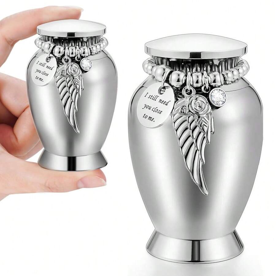 Small Keepsake Urns For Memorial Human/Pet Ashes 2.75 Inch With Wing Charm Mini Cremation Urns Aluminum Alloy - Silver - View 1
