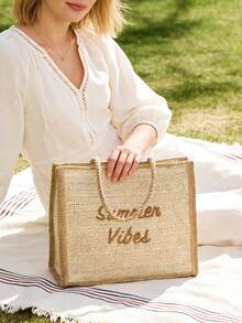女士夏季藤编单肩包，女孩手工编织手提包，经典编织包，女士沙滩单肩包，女士草编包，斜挎包，女士手提包，沙滩必备，沙滩用品，沙滩装备和夏季必备品，夏季包包，度假必备品，非常适合旅行、度假和海滩 - 卡其色 - 查看 3