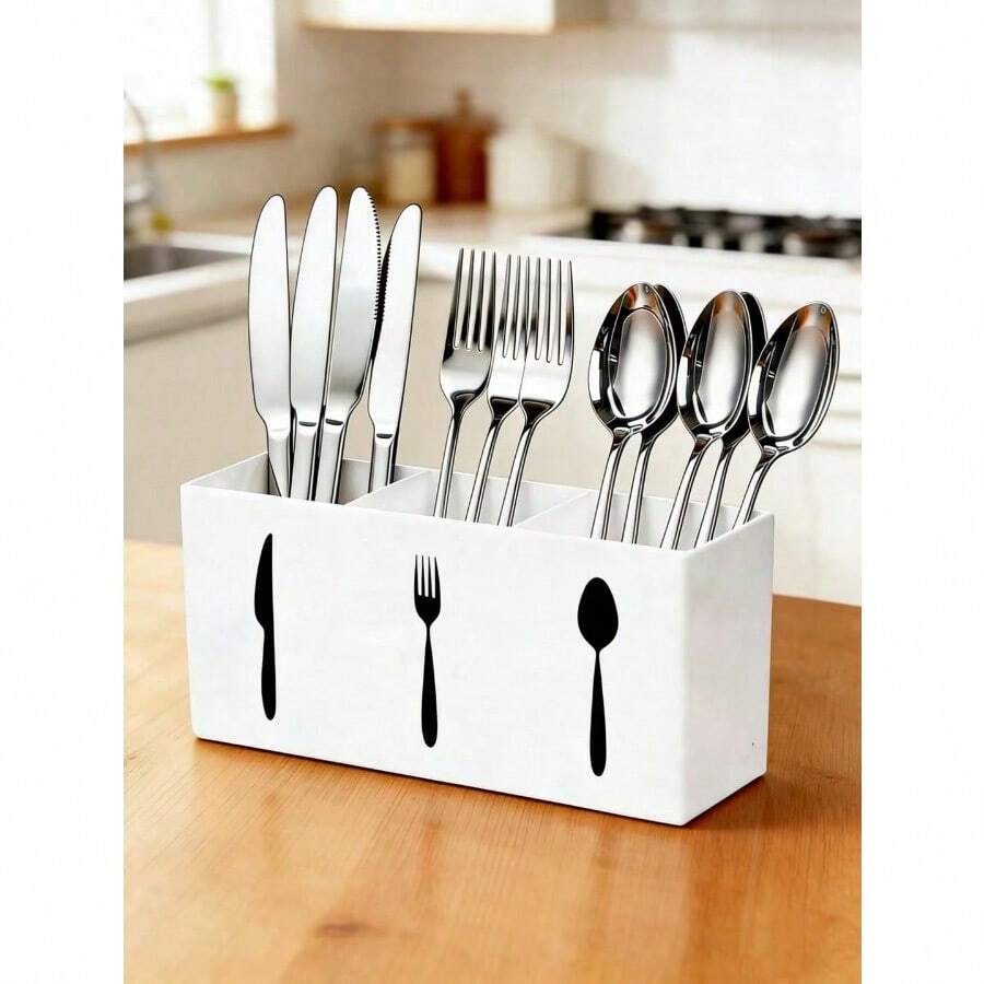 1pc Multi-Function Kitchen Utensil Organizer - Space-Saving Plastic Cutlery Holder, Can Store Spoons, Knives And Forks, Durable, Suitable For Kitchen Countertop And Drawers, Ideal For Home, Restaurant And Tabletop Storage - 白色 - 查看 1