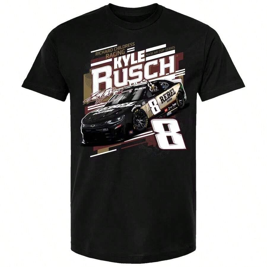Kyle Busch #8, Rebel Bourbon Wood Grain NASCARs Car Graphic Summer Tops,Racing Tee - Black - View 1