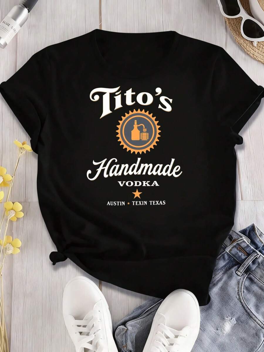 Ladies' Fashionable Casual T-Shirt Payeah 1Pcs Tito Shirt Tito'S Handmade Vodka Digital Print Women's 100% Cotton Short-Sleeved T-Shirt 220g Fun Printed Round Neck Short Sleeved Women's T-Shirt, Suitable For: Sports Events/Holiday Parties/Outings/Sports And Other Holiday Gifts - 黑色 - 查看 1