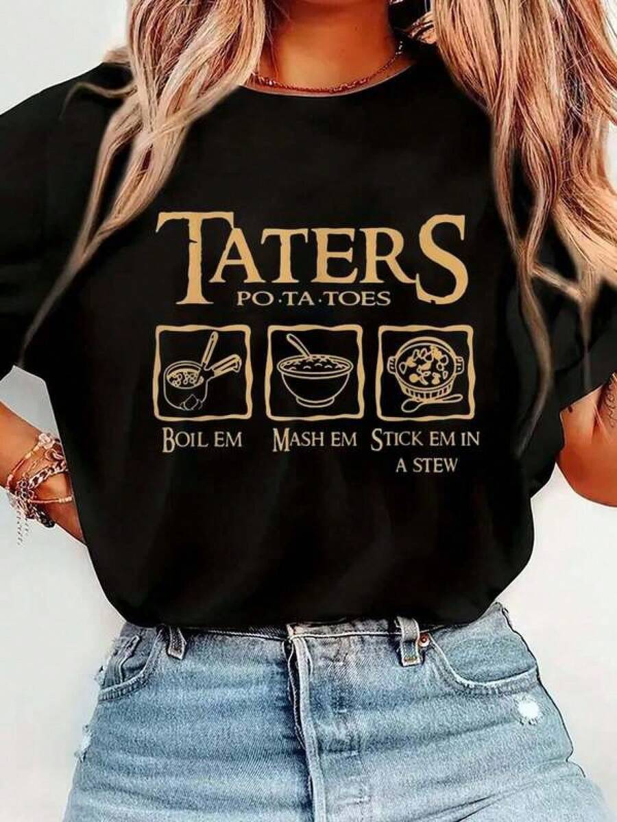 100% Cotton Taters Po-Ta-Toes Boil Em Mash Em Stick Em In A Stew T-Shirt Short Sleeve Round Neck Casual Top For Summer & Spring, Women's Men's Graphic Tee ILV4 - 黑色 - 查看 1