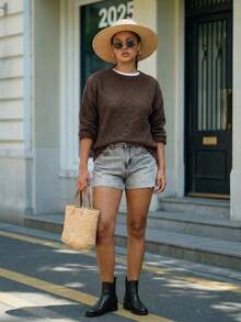 Oversized Crew Neck Knit Sweater For Women - Cozy Loose-Fit Solid Color Pullover For Fall & Winter - Cà phê nâu - Xem 3