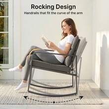 Lofka 4 Piece Rocking Bistro Set, Black Steel Patio Furniture, Porch Chairs Conversation Set With Glass Coffee Table, Back Cushion, For Balcony, Garden, Deck, Backyard, Grey - 灰色 - 查看 6
