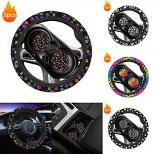 1pc Dog Paw Print Car Steering Wheel Cover + 2pcs Car Cup Holders, Waterproof Steering Wheel Cover Fits 14.5-15 Inch - Multicolor - View 1
