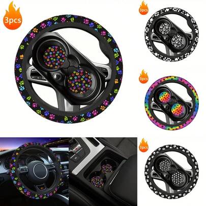 1pc Dog Paw Print Car Steering Wheel Cover + 2pcs Car Cup Holders, Waterproof Steering Wheel Cover Fits 14.5-15 Inch