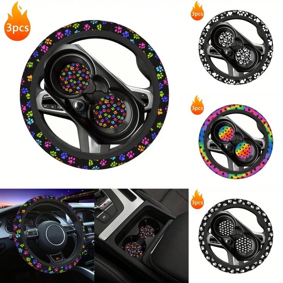 1pc Dog Paw Print Car Steering Wheel Cover + 2pcs Car Cup Holders, Waterproof Steering Wheel Cover Fits 14.5-15 Inch - Multicolor - View 1