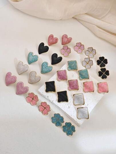 6 Pairs Assorted Colorful Stud Earrings Set, Geometric E-Shape Square Gold Earrings, Cute Heart Earrings, Big Floral Earrings, Stainless Steel Jewelry For Women, Holiday Accessories, Mother's Day Easter Gifts, Daily, Wedding Party, Chunky Black, Pink, White, Green Earrings
