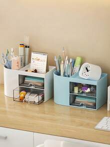 1 Stück Schreibwaren Aufbewahrungsbox, Bürobedarf Box, Schreibtisch Organizer Box mit Schublade, Stifthalter, geeignet für Visitenkarten, Stifte, Bleistifte, Haraccessoires, Schreibwaren Regal Aufbewahrungsbox (Weiß, Pink, Blau) - Verschiedenfarbig - Übersicht 10