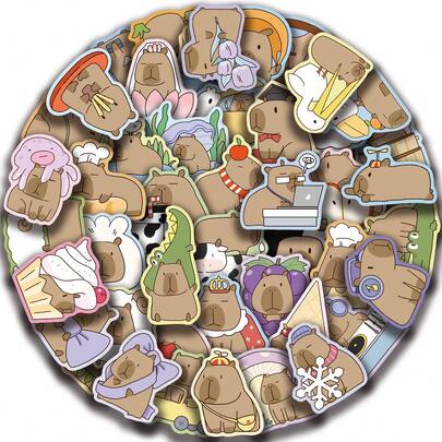 50张水豚贴纸，创意涂鸦贴纸，办公用品，手机电脑贴纸，高性价比，精致酷炫，趣味十足，经典彩色卡通设计，礼品装饰，手机壳装饰贴纸，可重复使用，彩色卡通设计，适用于水瓶、滑板、手机等，是学习用品的理想之选，也是节日送礼佳品。