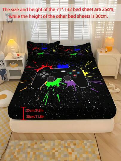 2/3PCS Home Textile Bedding Set, Game Console Patterned Bed Sheet Set, Polyester Material, Digital Printing, Elastic All Inclusive Design, Suitable For Bedrooms, Dormitories, Teenagers, Holiday Gifts, Parents, Seasonal Decoration