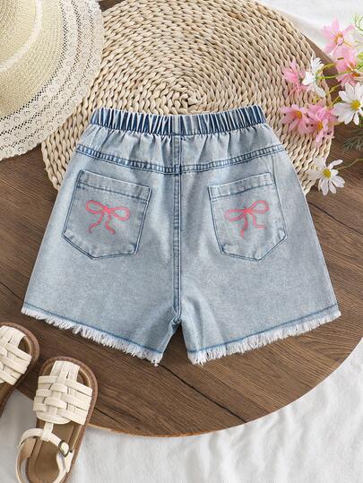 Girls Denim Shorts, Summer Fashion New Butterfly Print Frayed Hem Blue Denim Shorts