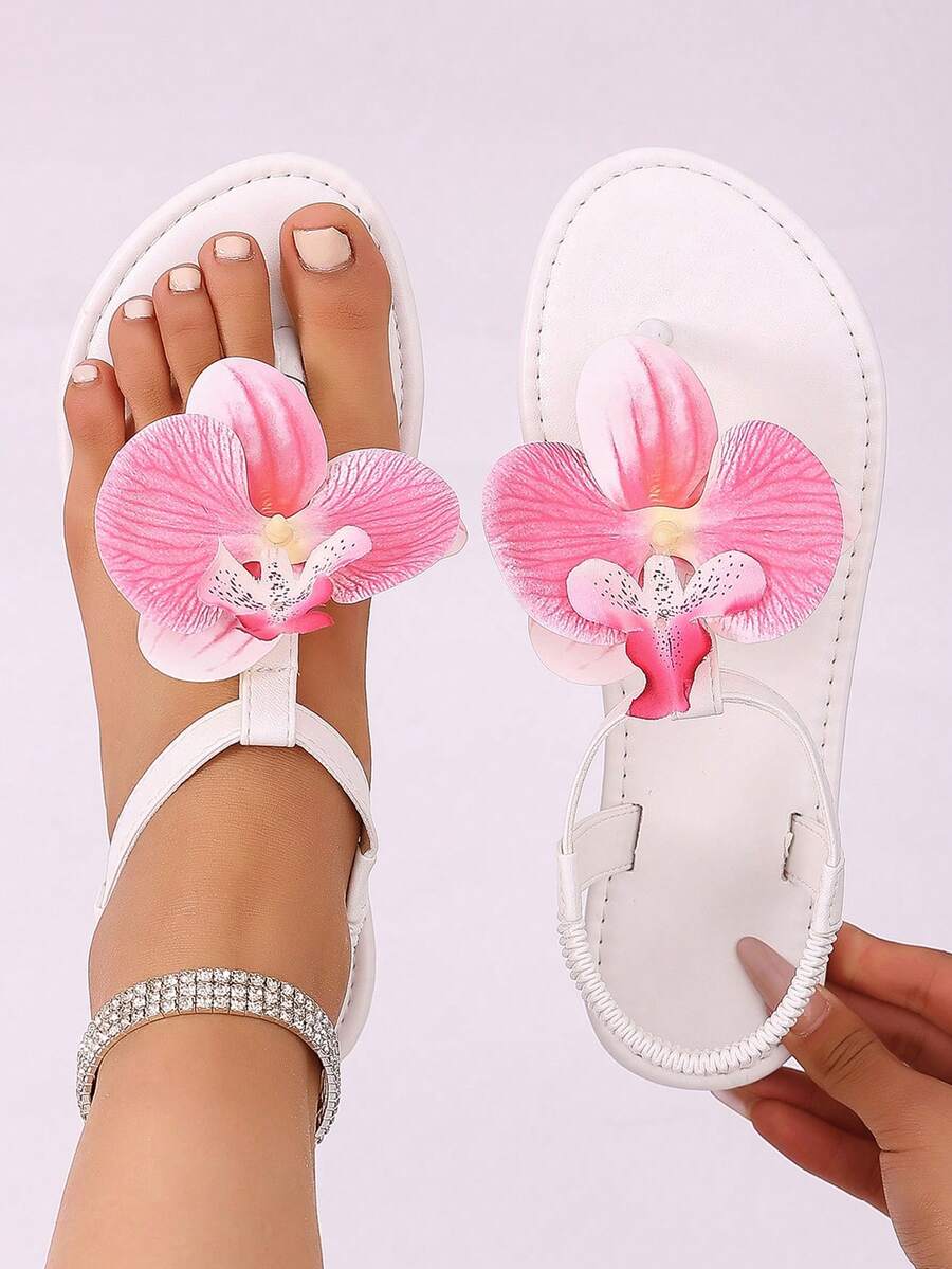 2026新款女士露趾平底凉鞋，夏季白色兰花图案松紧带凉鞋，时尚人字拖凉鞋 - 白色 - 查看 1