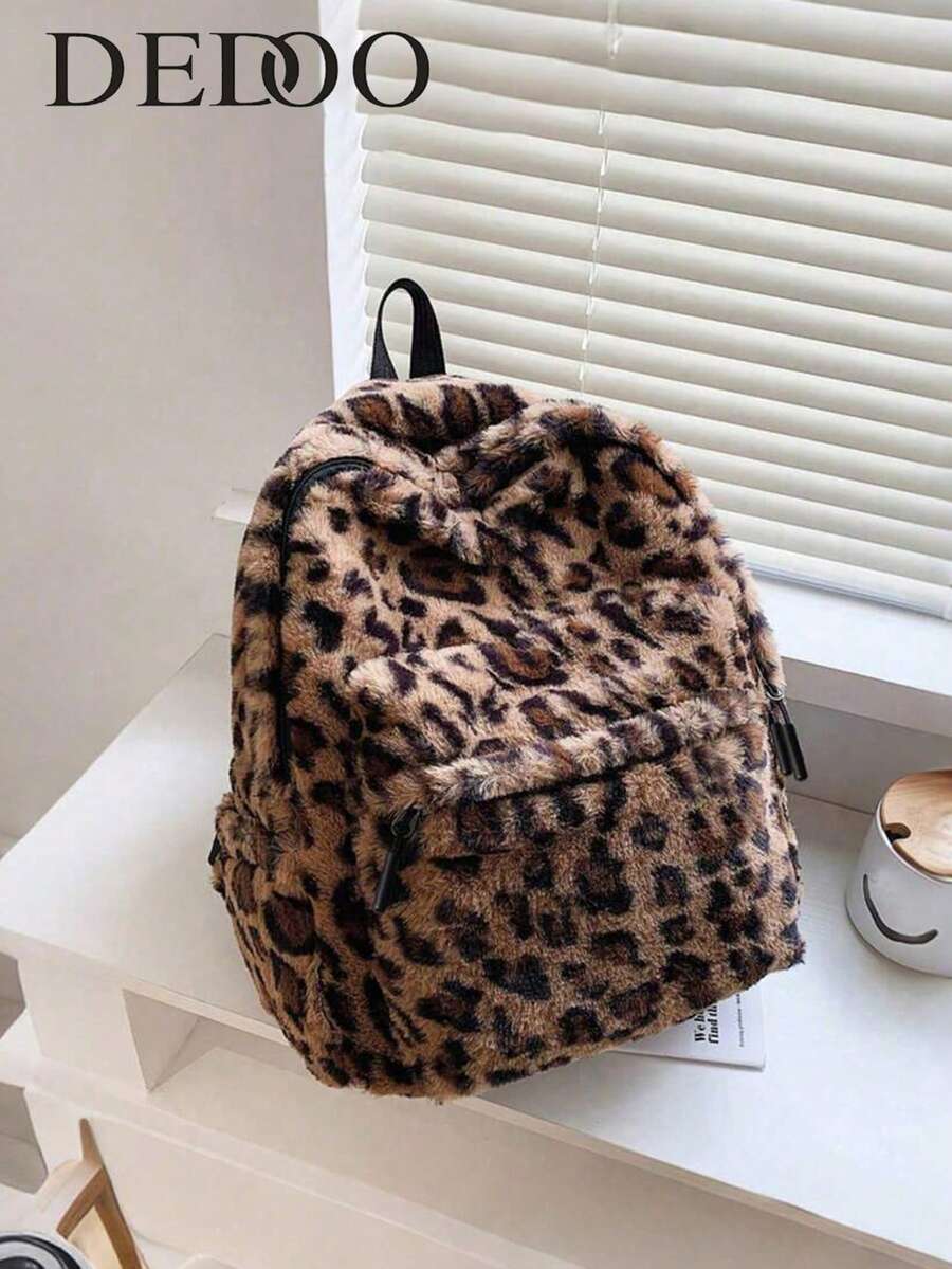 Dedoo Mochila esponjosa con estampado de leopardo, bolsa para la escuela, universidad, estudiantes universitarias, secundaria, preparatoria, actividades al aire libre, viajes, salidas, regreso a clases, linda, adecuada para adolescentes y mujeres estudiantes universitarias, bolso con estampado de leopardo o guepardo de moda para otoño e invierno, bolso universitario, playa - Marrón - Ver 1