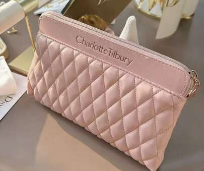 Charlotte Tilbury Pink Diamond Leather Cosmetic Bag, Y2K Style, Portable Storage Pouch, Essential For Travel And Party Gifts