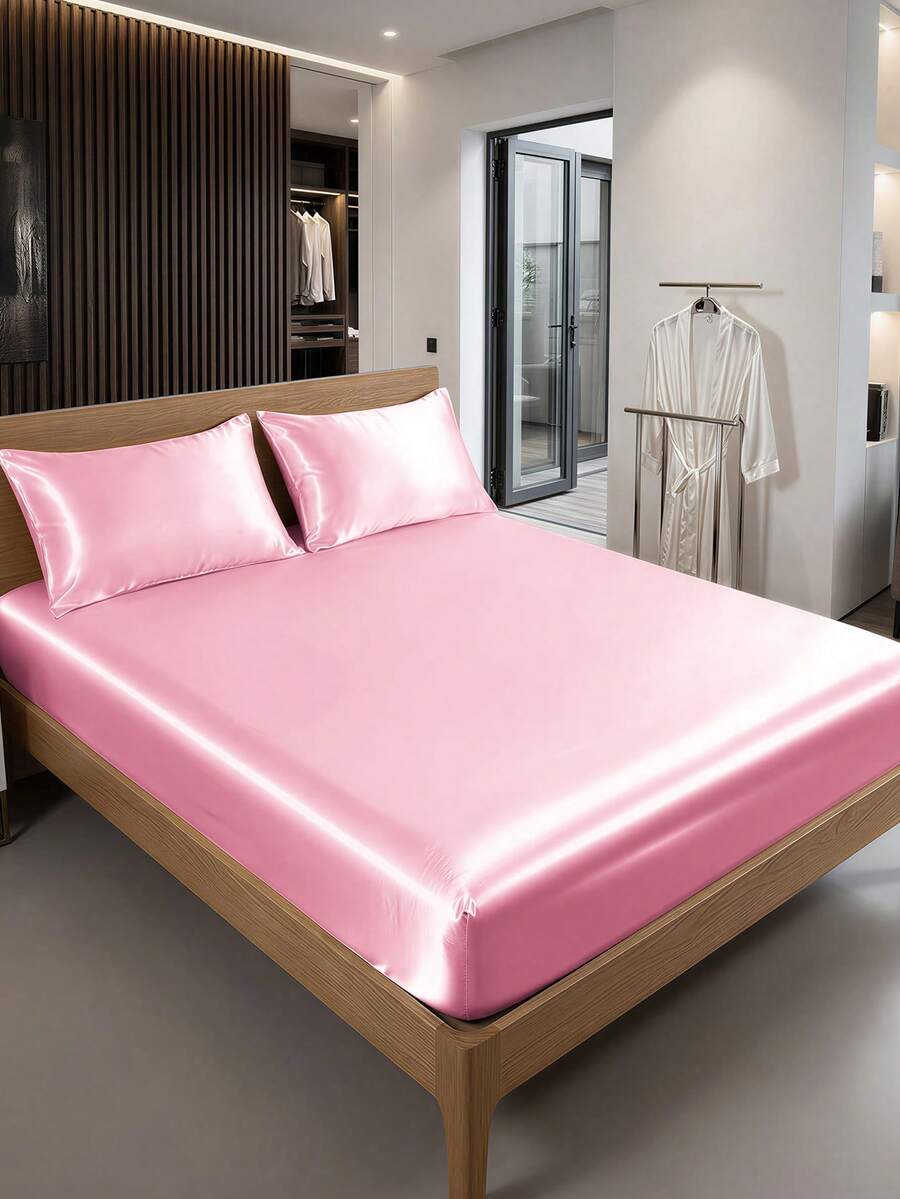 2/3pcs Luxury Satin Bedding Set, Bedding Ensemble, Bed Sheet Set, Bed Cover Set, Solid Color Mattress Protector Set, Soft & Comfortable Bedroom Bedding Set, Deep Pocket Mattress Cover, 1pc Mattress Cover With 1/2pcs Pillowcase, Bed Cover Set, Fit For Double/Full/Queen Size Bed, Super Soft Breathable, Silky Smooth, Wrinkle-Resistant, Machine Washable Bed Sheets - Pink - View 1