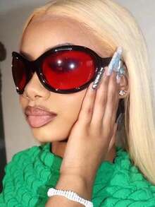 1pc Big Frame Round Black Frame Red Lens Fashion Fashion Glasses, Suitable Daily And Vacation Use Y2KFest MusicFest Summer Beach Vacation,Outdoor,Travel - 紅色 - 查看 6