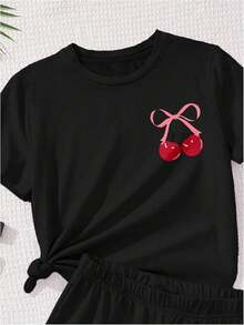 Girls 2 Piece Summer Outfit Cherry Bow Graphic Tee & Shorts Set Cute Casual Outfits - 黑色 - 查看 5