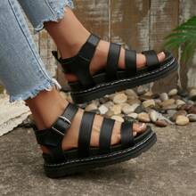 Women's Fashion Thick Sole Buckle Hollow Wedge Heeled Open Toe Sandals, Platform Low-Top Flat Shoes - Black - View 4