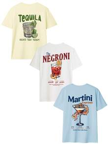 3件套夏季新款休闲趣味字母饮料图案印花圆领短袖T恤，时尚百搭女式上衣 - 黃色和白色和淺藍 - 查看 2