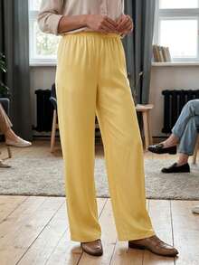 Pantalones para Mujer Marrón Sólidos, Cintura Elástica y Pierna Ancha Larga, Elegantes para Uso Casual y Fin de Semana en Verano - Amarillo - Ver 9