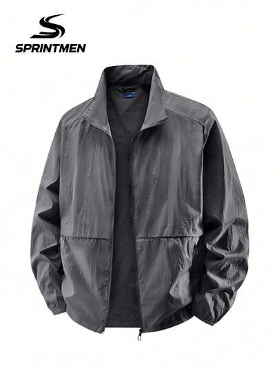 1pc Men's Lightweight Quick-Dry Jacket, Stand Collar Design, Minimalist Style, Anti-Lost Zipper Pockets, Dual Side Large Pockets, Suitable For Summer Hiking, Outdoor, Night Running, Fishing, Versatile Outdoor Casual Wear