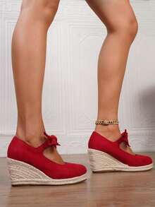 女士仿皮坡跟凉鞋，夏季度假款，方头套脚鞋，3.15英寸鞋跟，踝带编织草底镂空鞋，尺码34-43 - 紅色 - 查看 4