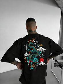 FRACTYR 男士休闲街头风宽松圆领印花T恤，夏季款 - 黑色 - 查看 1