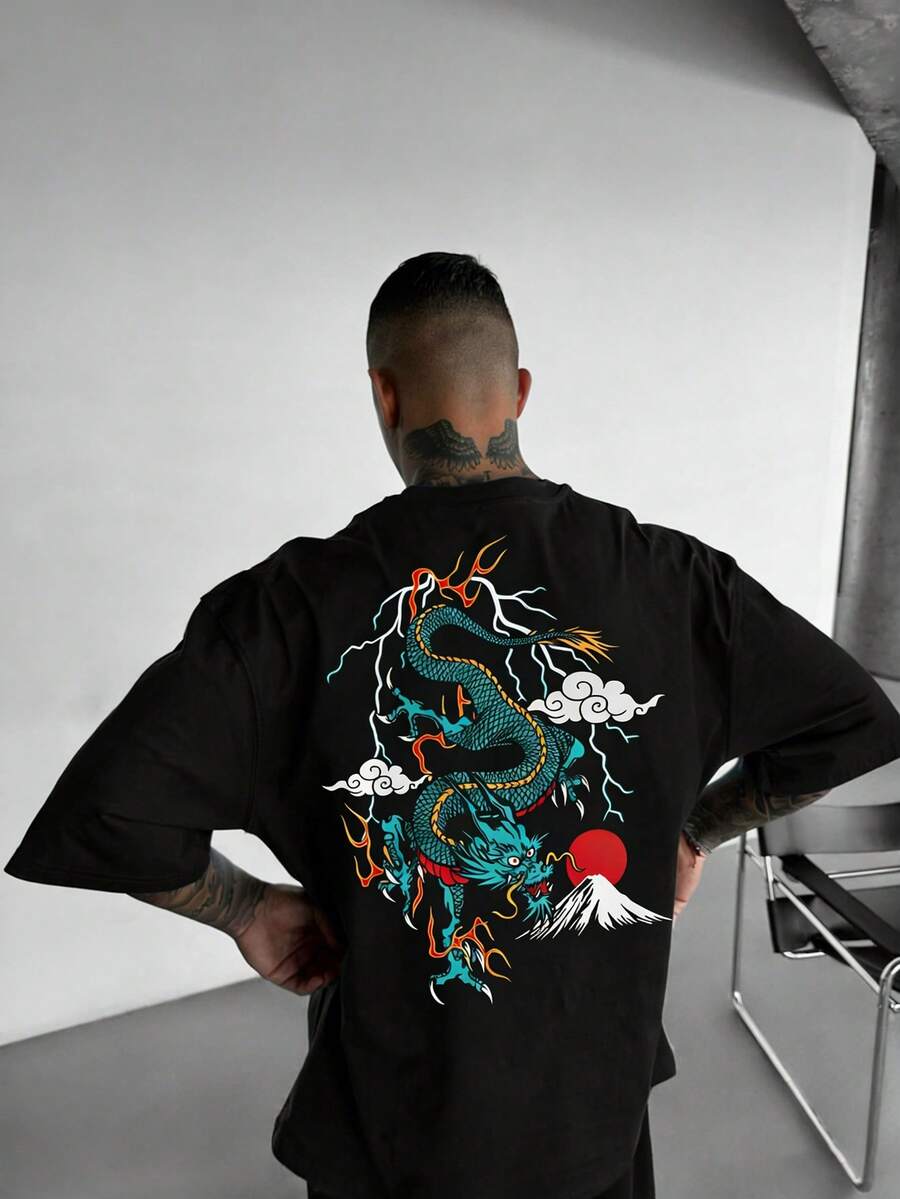 FRACTYR 男士休闲街头风宽松圆领印花T恤，夏季款 - 黑色 - 查看 1