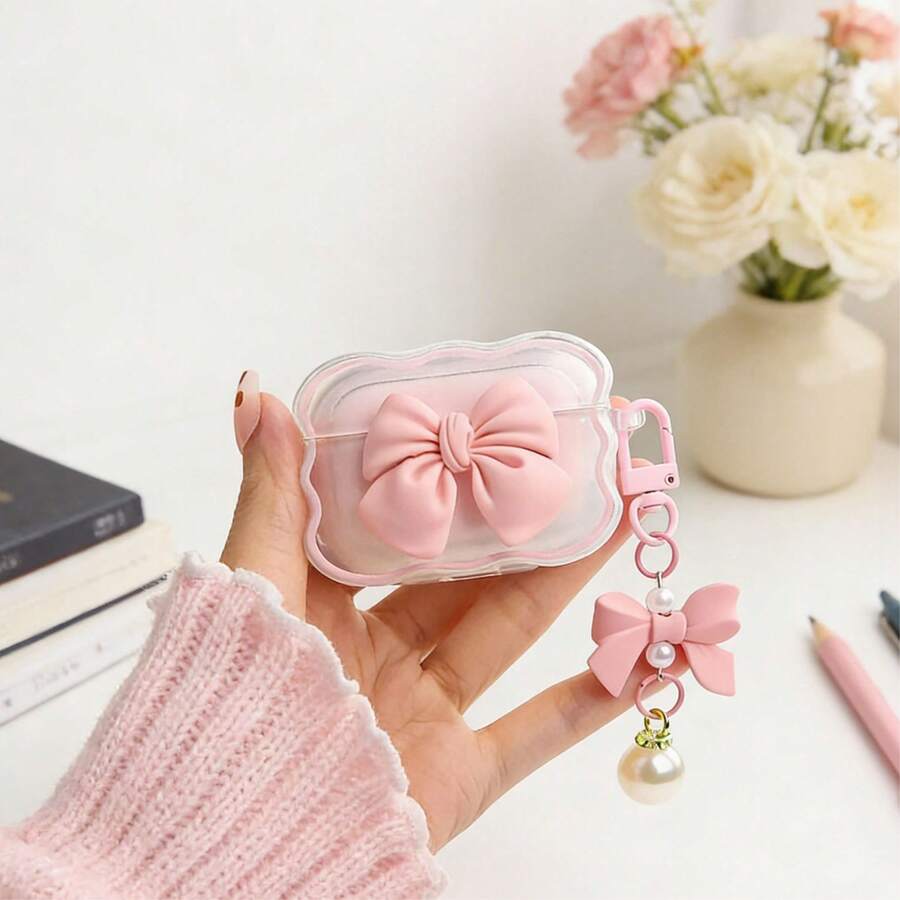 Pink Bow Wave Shell Protective Case Suitable Compatible With Apple Bluetooth Earphones, Anti-Scratch And Drop Protection - Multicolor - View 1