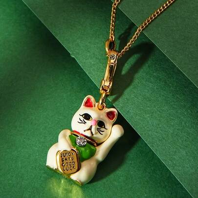 1件优雅珐琅3D开口招财猫吊坠项链，手工绘制可爱猫咪饰品，适合女性日常佩戴