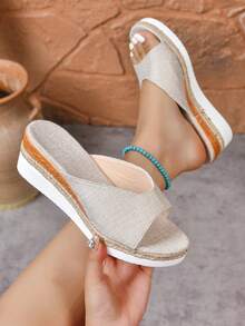 坡跟麻绳女士麻绳底露趾坡跟厚底透明拖鞋，休闲沙滩鞋 - 米色 - 查看 4