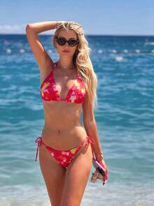 Bộ bikini hai mảnh buộc cổ họa tiết nhuộm màu đậm dành cho nữ năm 2026, kiểu dáng gợi cảm thời trang cho kỳ nghỉ, gồm 3 mảnh và váy quấn có dây rút, thích hợp cho bãi biển và spa thư giãn. - Nhiều màu - Xem 4