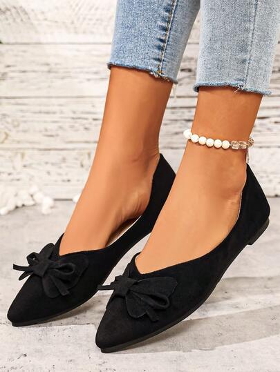 Korean Version Fairy Style Bow Pointed Low Vamp Flat Sole Shoes For Women, New European And American Fashion Versatile Comfortable Casual Commuting Women's Shoes