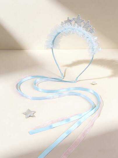 1pc Floral Mesh Headband For Girls, White Blue Pink Tassel Hairband, Bling Star Wedding Party Hairband. Headpiece Delicate Elegant Hair Band, Sweet Hair Accessories For Teens Summer Mother's Day