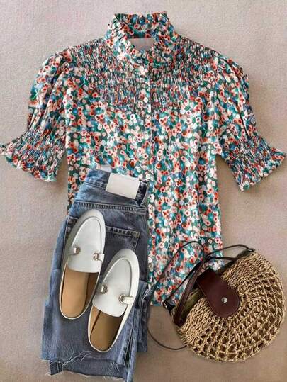 Women's Casual Floral Print Shirt, Spring/Summer, Featuring Lace Collar & Cuff Details, Single-Breasted Front, Short Sleeves, Loose Fit