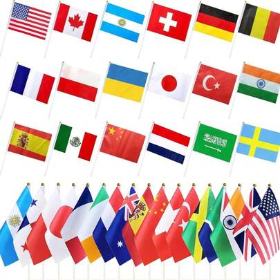 Bộ 20 lá cờ mini cầm tay quốc tế các loại, thích hợp cho các sự kiện thể thao, World Cup, trang trí ngày lễ quốc tế.