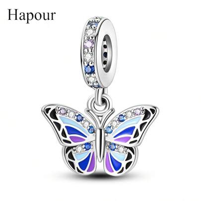 Hapour Ice Blue Butterfly Charms Pendant Fits Original Bracelet Necklace 925 Silver Fine Beads DIY Jewelry Gift For Spring