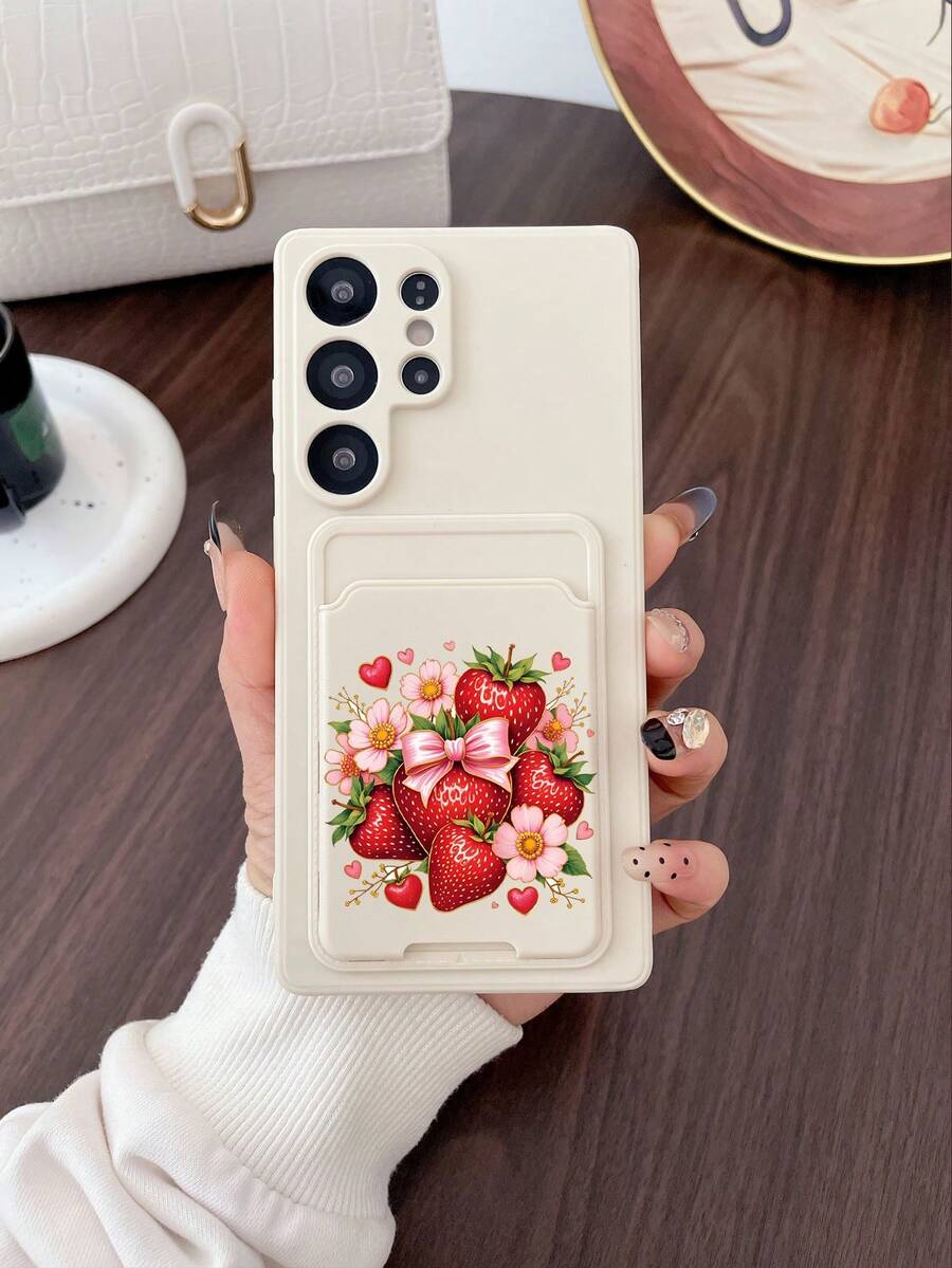 1个白色TPU纯色防震手机壳和1个白色草莓、花朵和粉色蝴蝶结图案的粘性卡套，二合一时尚多功能创意个性化全包手机壳，适合作为生日礼物送给女友/男友、闺蜜/兄弟姐妹、妻子/丈夫、伴侣、家人/朋友、老板/同事、同学/老师，或者送给自己。 - 彩色 - 查看 1