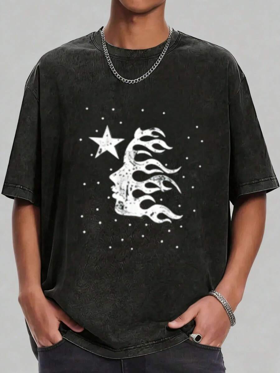 Hellstars Starry Flame Profile Vintage Washed Print Round Neck Short Sleeve T-Shirt, 230g 100% Cotton T-Shirt, Summer Clothes, Men's Tops, Casual And Comfortable, Fashionable Graphic Tee, Unisex Style - 黑色 - 查看 1