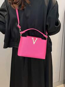 2025 New Luxury Brand Solid Color High-Quality Handbag, Women's Fashion Versatile Shoulder Bag, Large Capacity Tote Bag, Retro Casual Niche Handbag, Glossy High-End Messenger Bag, Summer Crossbody Bag, 2025 New Elegant Crocodile Pattern Large Capacity Mother Bag, Fashion Personalized Women Pillow Bag - Hot Pink - View 2