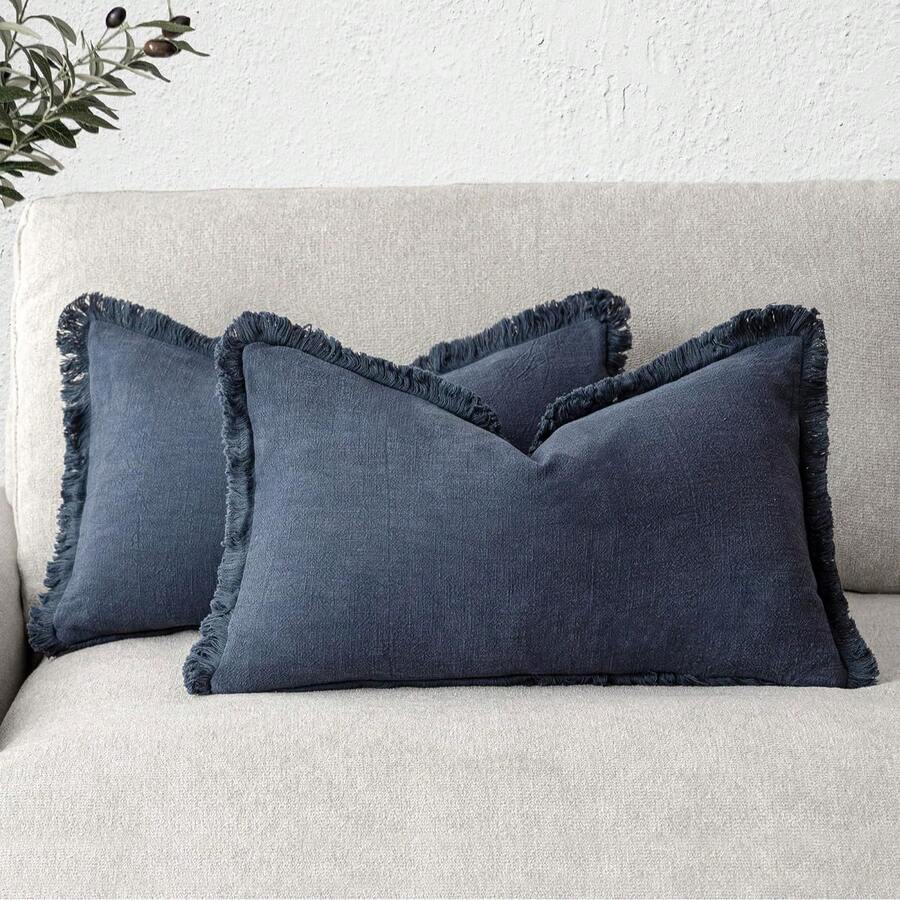1 Stück Kissenbezug aus gewaschenem Baumwollstoff mit Quasten 20*12 Zoll (Kissenfüllung nicht enthalten), Landhausstil Heimdekoration, vielseitig einsetzbar für Schlafzimmer, Wohnzimmer, Balkon, Esszimmer, Sofa, Bett Kissen - marineblau - Übersicht 1