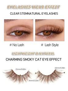 Asiteo 7 Pairs Brown Half-Strip Natural Eyelashes With Transparent Band, Soft & Fluffy Cat Eye Style, Natural Short Accent Lashes, 3/4 Lashes, Reusable Eyelash Set - 棕色 - 查看 3