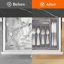 Silverware Drawer Organizer Expandable Utensil Tray For Kitchen  Flatware And Cutlery Holder Adjustable Plastic Storage For Spoons Forks Knives 8.5-14 X 12" Gray - 灰色的 - 查看 4